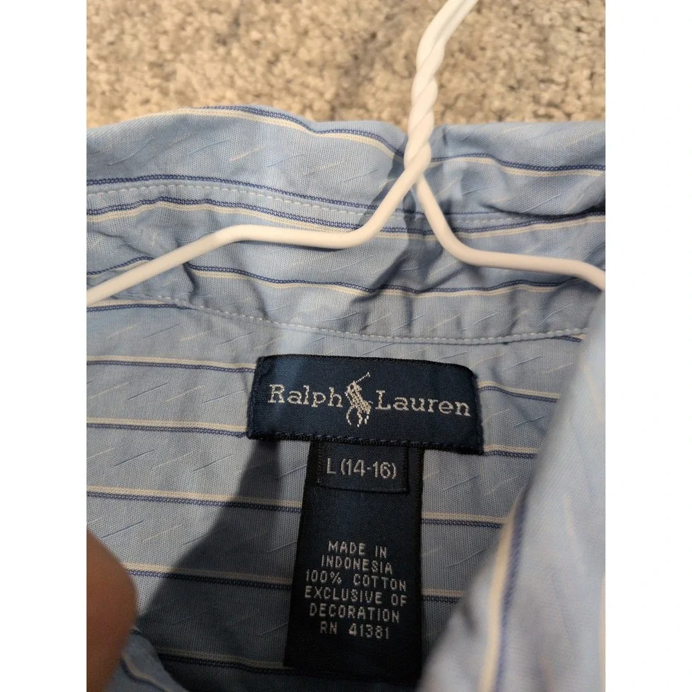 Ralph Lauren Kids Blue White‎ Striped Button Down Shirt Cotton Size L 14-16